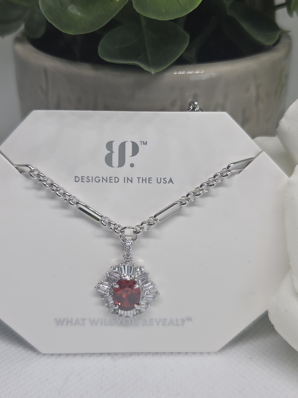 BP Jan Birthday Garnet Halo Necklace On Rhodium Plating